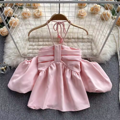 Neckholder-Top mit kurzen Ärmeln und Bubble-Muster