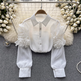 Women's summer three-dimensional flower long sleeve mesh blouses