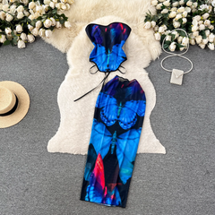 tube top and design printed skirt two-piece dress