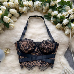 Camisola de encaje con cuello halter y top corto ajustado para mujer