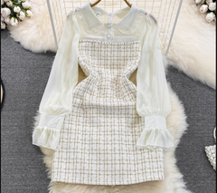 Vestido de tweed con costuras de gasa, manga larga y cintura en forma de A