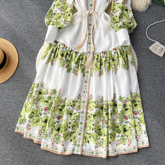 Herbst neues französisches Retro-Revers-Laternenärmel-bedrucktes Kleid