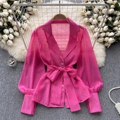 Women's autumn retro puff sleeve lapel blouses
