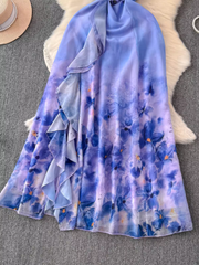 Vestido de vacaciones con estampado de pintura al óleo, abertura y patchwork con volantes