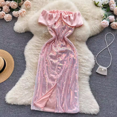 Pink Ruffle Neckline Sequins Dress