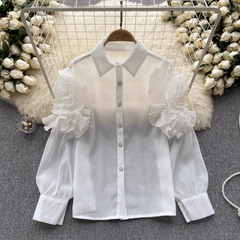 Women's summer three-dimensional flower long sleeve mesh blouses