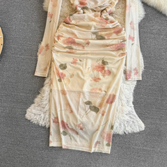 Elegantes langärmliges V-Ausschnitt-Twist-Mid-Length-Print-Kleid für den Herbst