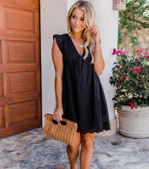 European and American lace stitching hollow V-neck dress