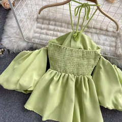 Neckholder-Top mit kurzen Ärmeln und Bubble-Muster