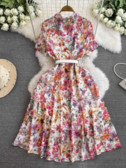 Vestido elegante retro para mujer, vestido midi de corte A con estampado de manga corta