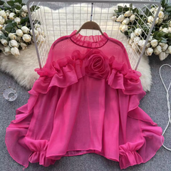 Women's irregular ruffled mesh blouses