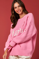 Suéter de punto con bastón de caramelo y feliz Navidad