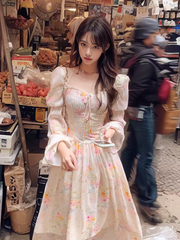 Damen Chiffonkleid mit eckigem Ausschnitt, Puffärmeln und Blumenmuster