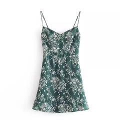 Grünes A-Linien-Kleid mit Blumenmuster und Hosenträgern