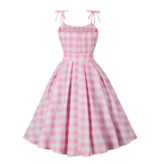 Sommer Student Süße Barbie Rosa Plaid Schleife Swing Kleid