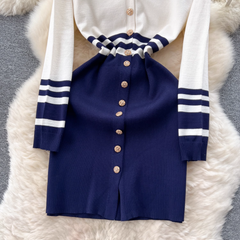 Damen Retro-Strickkleid mit V-Ausschnitt und langen Ärmeln und Kontrast