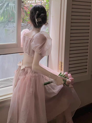 Rosa rückenfreies Kleid Sommer Puffärmel langes Kleid