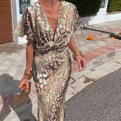 Bodycon Printed Twist-knot V-neck Dress