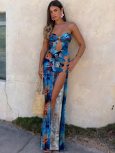 Backless Hollow Side Slit Printed Tube Top Midi Dress