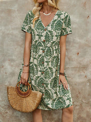 Printed V-neck Short-Sleeved Loose Midi Dress