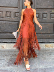 Knit Patchwork Halter Cutout Fringed Hem Maxi Dresses - Beige