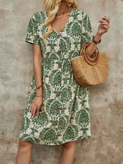 Printed V-neck Short-Sleeved Loose Midi Dress