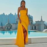 One Shoulder Wrap Hem Satin Floor Length Dress