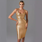 Gold Metallic Sleeveless Backless Bodycon Dress for Evening Parties