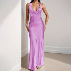 V-Neck Strappy Backless Satin Dress