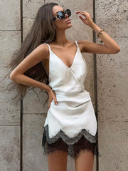 Lace Patchwork Strapless Colorblock Mini Dresses - White