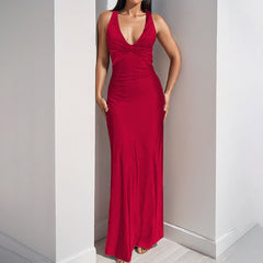 V-Neck Strappy Backless Satin Dress