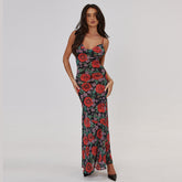 Floral V-neck Long Dress Sleeveless Lace Patchwork Backless Flowy Dress