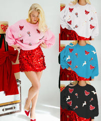 Weihnachtsschleife Weinglas Pailletten Lockeres Langarm Sweatshirt