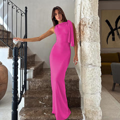 One Shoulder Ribbon Solid Color Dress