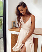 V-Neck Crepe Commuter Temperament Slit Skirt