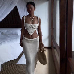 Slit Skirt Suit Hollow Two Piece Set