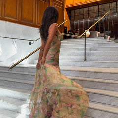 Summer Suspender Print High Waist Slim Slit Mi diDress