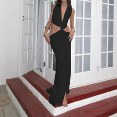 Hollow Knot Slit Sleeveless Pleated Irregular Midi Dress