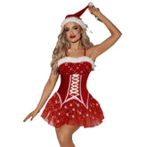 Conjunto de vestido navideño de 3 piezas de terciopelo y tul con copos de nieve