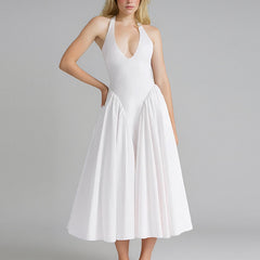 Solid-Color Halter Deep V Pleated Evening Dress