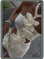 White handmade knitted dress with flowers