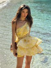 Floral One-Shoulder Pleated Hollow Lace Dress