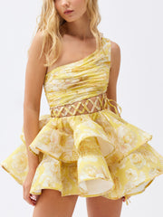 Floral One-Shoulder Pleated Hollow Lace Dress