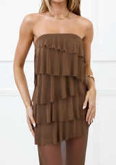 Strapless layered ruffled mesh irregular dress