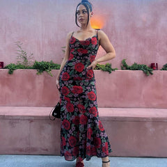 Floral V-neck Long Dress Sleeveless Lace Patchwork Backless Flowy Dress