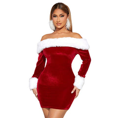 Christmas Off Shoulder Long Sleeve Mini Dress