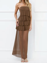 Strapless layered ruffled mesh irregular dress