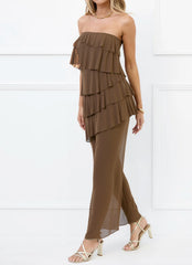 Strapless layered ruffled mesh irregular dress