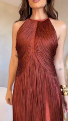 Knit Patchwork Halter Cutout Fringed Hem Maxi Dresses - Beige