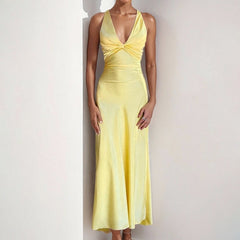 V-Neck Strappy Backless Satin Dress